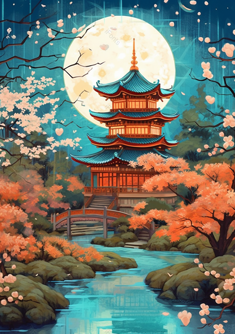月光照耀下的亭台楼阁和小溪中国风背景,插画/手绘图,插画/手绘图库,插画/手绘图下载,插画/手绘